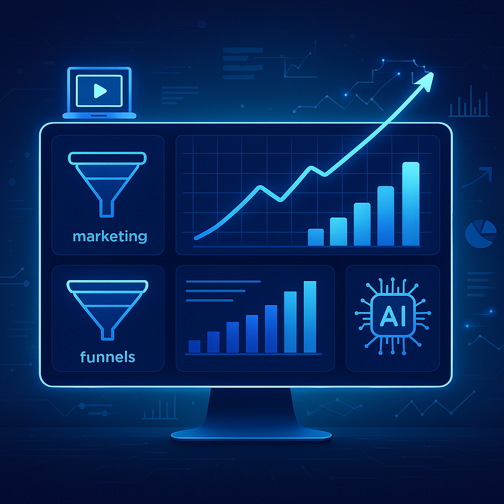 Digital dashboard showing workflow charts, growth metrics, and icons for online courses, marketing funnels, and AI technology on a modern tech background.